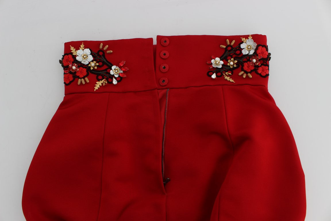 Red Silk Crystal Roses Shorts-Dolce & Gabbana-LabelTerrace.com