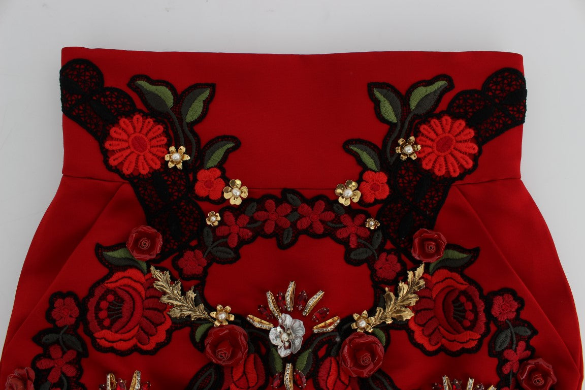 Red Silk Crystal Roses Shorts-Dolce & Gabbana-LabelTerrace.com