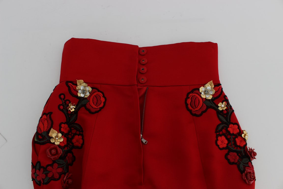 Red Silk Crystal Roses Shorts-Dolce & Gabbana-LabelTerrace.com