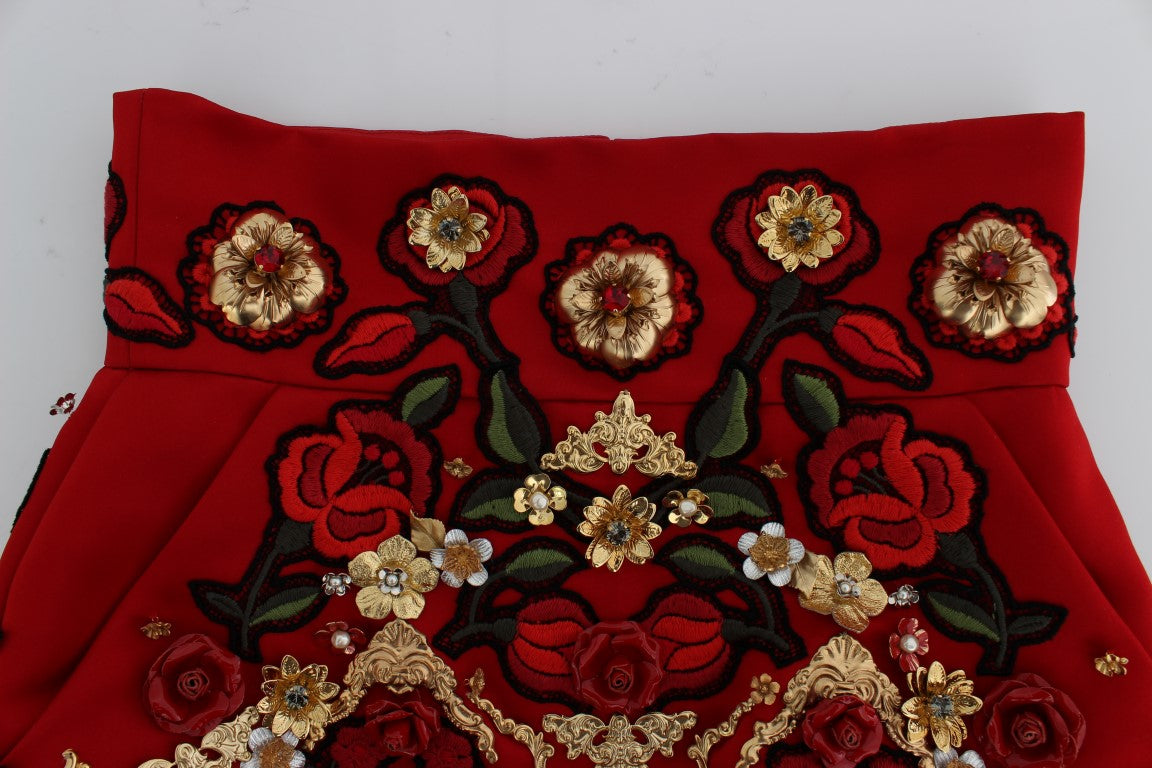 Red Silk Crystal Roses Shorts-Dolce & Gabbana-LabelTerrace.com