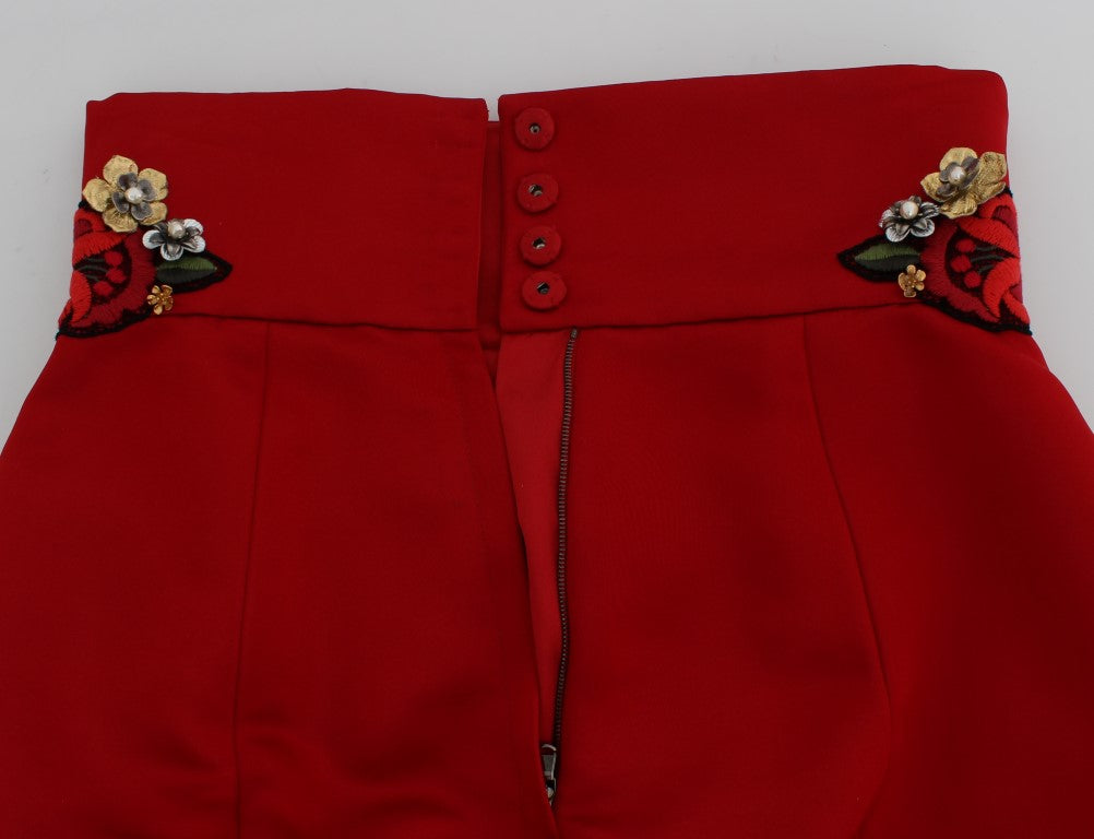 Red Silk Crystal Roses Shorts-Dolce & Gabbana-LabelTerrace.com