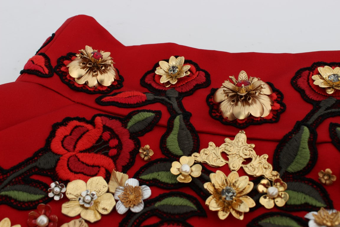 Red Silk Crystal Roses Shorts-Dolce & Gabbana-LabelTerrace.com