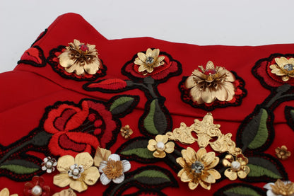 Red Silk Crystal Roses Shorts-Dolce & Gabbana-LabelTerrace.com