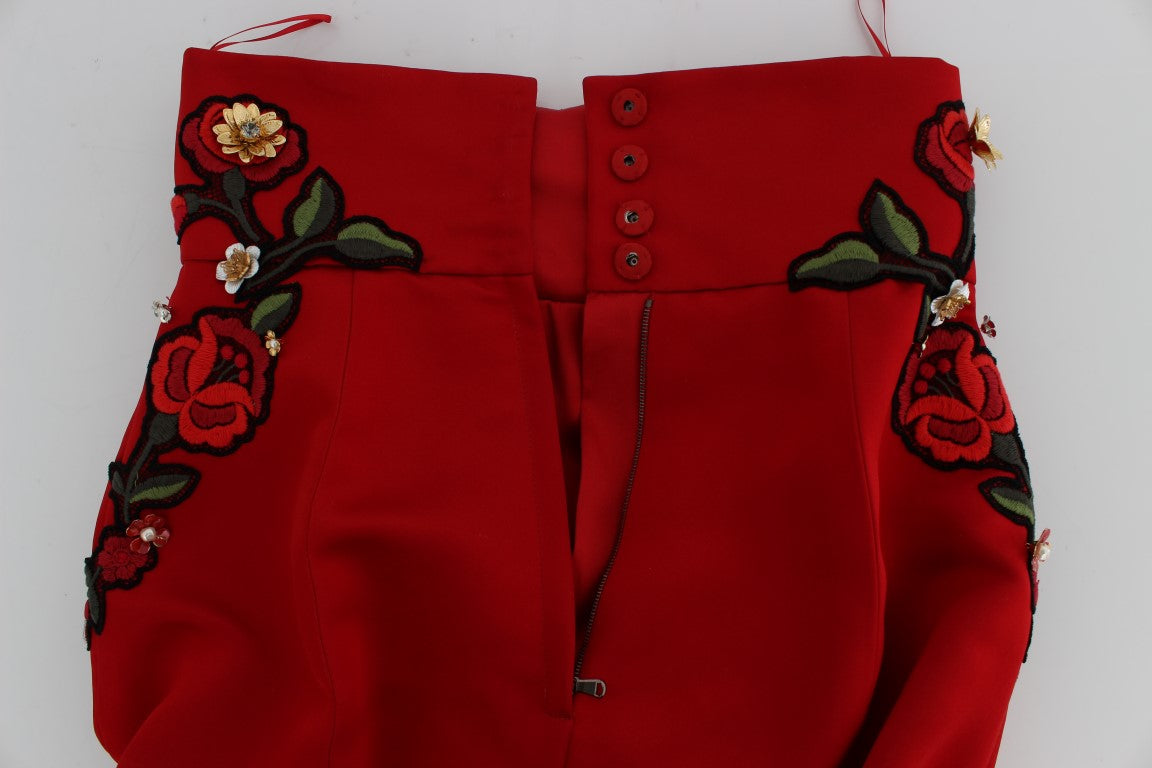 Red Silk Crystal Roses Shorts-Dolce & Gabbana-LabelTerrace.com