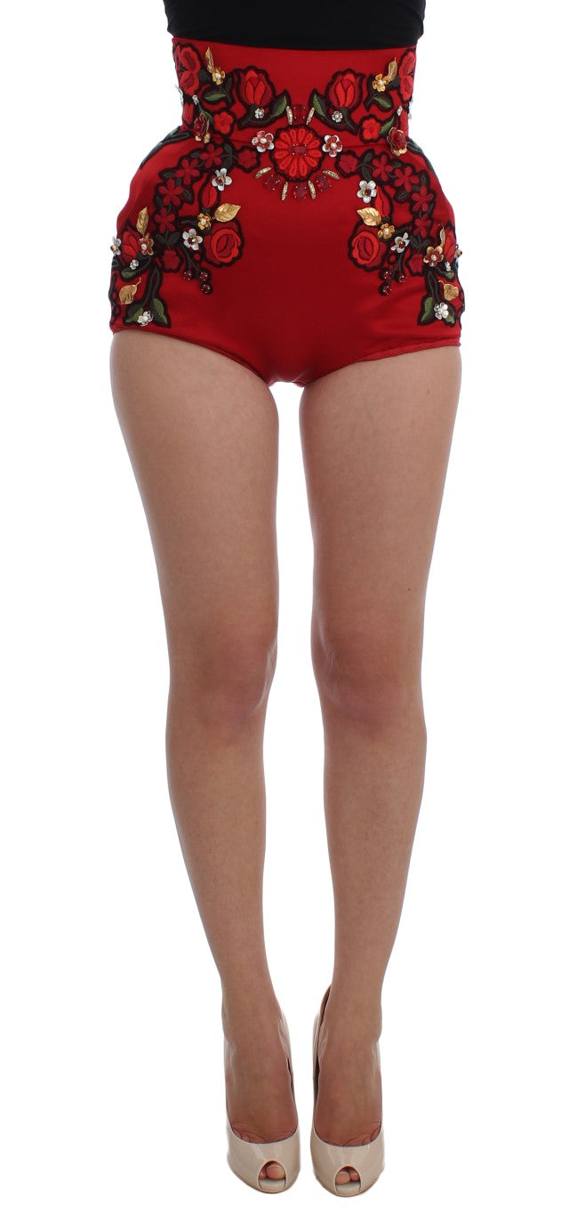 Red Silk Crystal Roses Shorts-Dolce & Gabbana-LabelTerrace.com