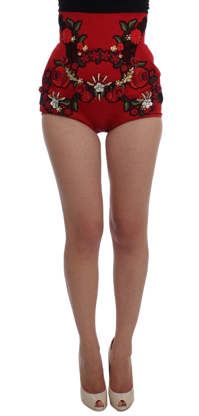 Red Silk Crystal Roses Shorts-Dolce & Gabbana-LabelTerrace.com