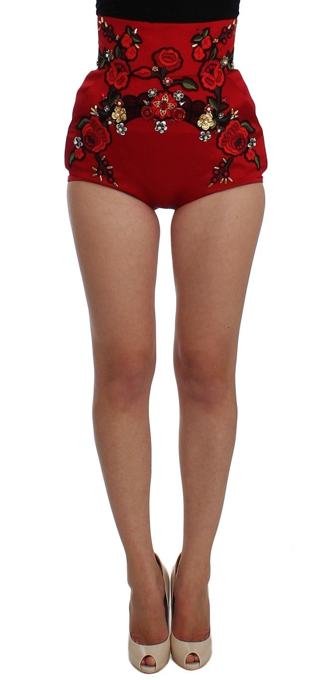 Red Silk Crystal Roses Shorts-Dolce & Gabbana-LabelTerrace.com