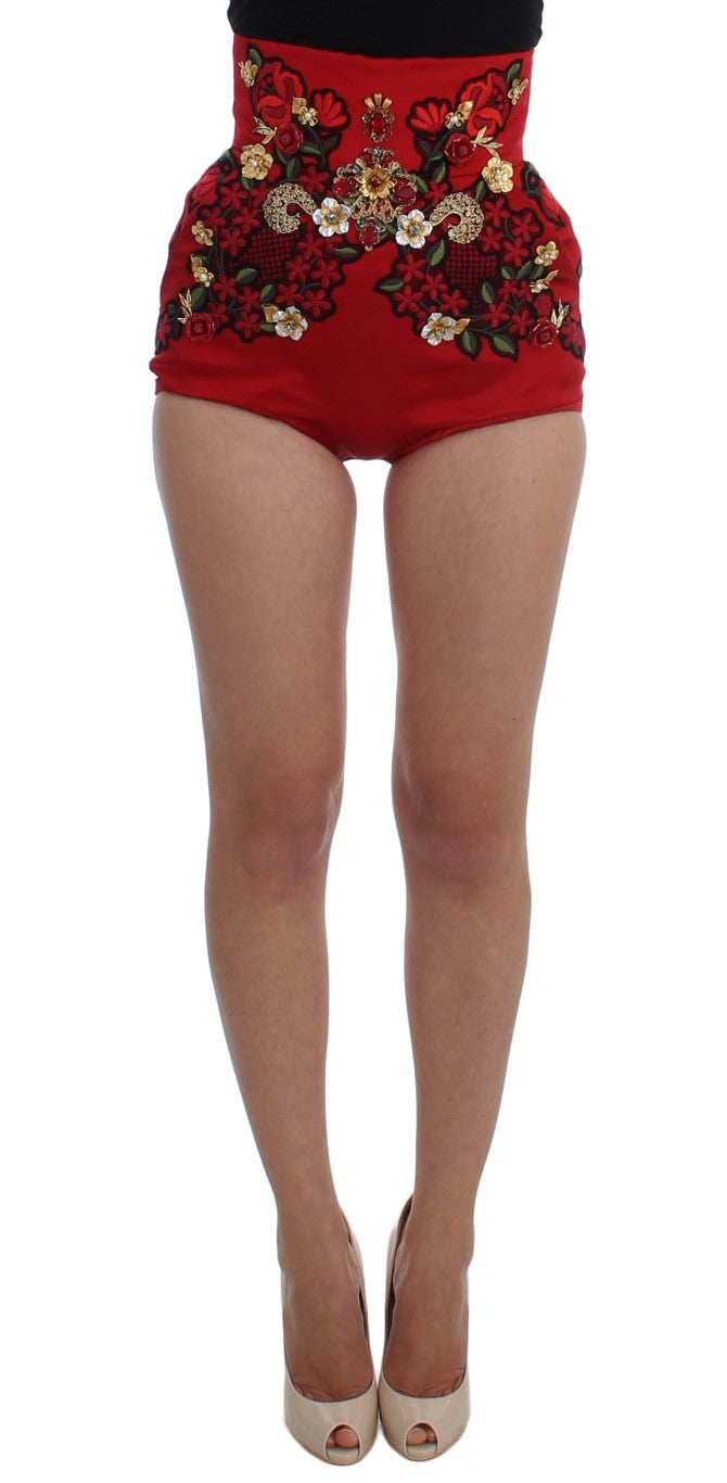 Red Silk Crystal Roses Shorts-Dolce & Gabbana-LabelTerrace.com