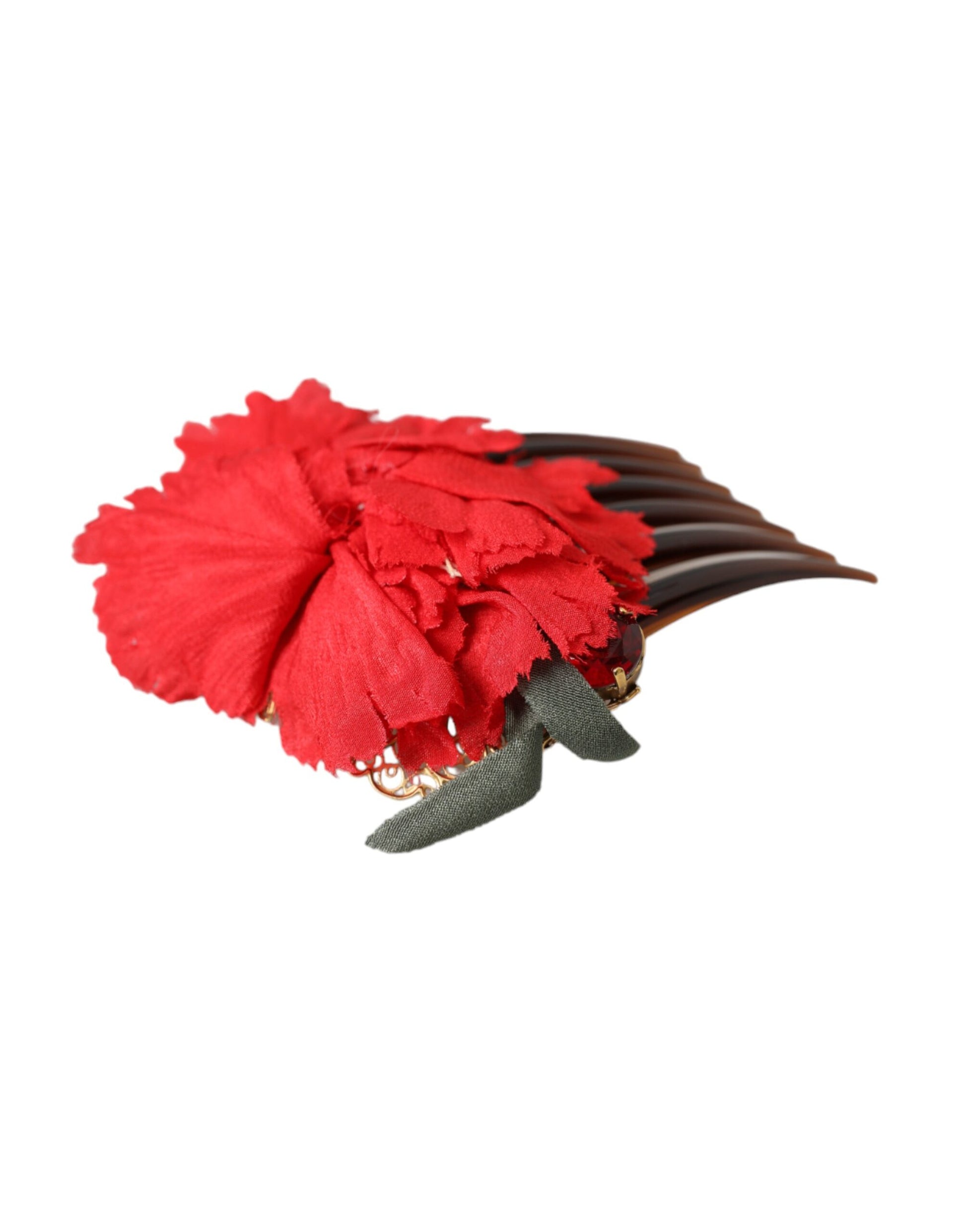 Red Silk Floral Gold Brass Women Hair Comb-Dolce & Gabbana-LabelTerrace.com