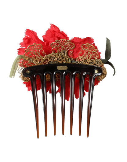 Red Silk Floral Gold Brass Women Hair Comb-Dolce & Gabbana-LabelTerrace.com