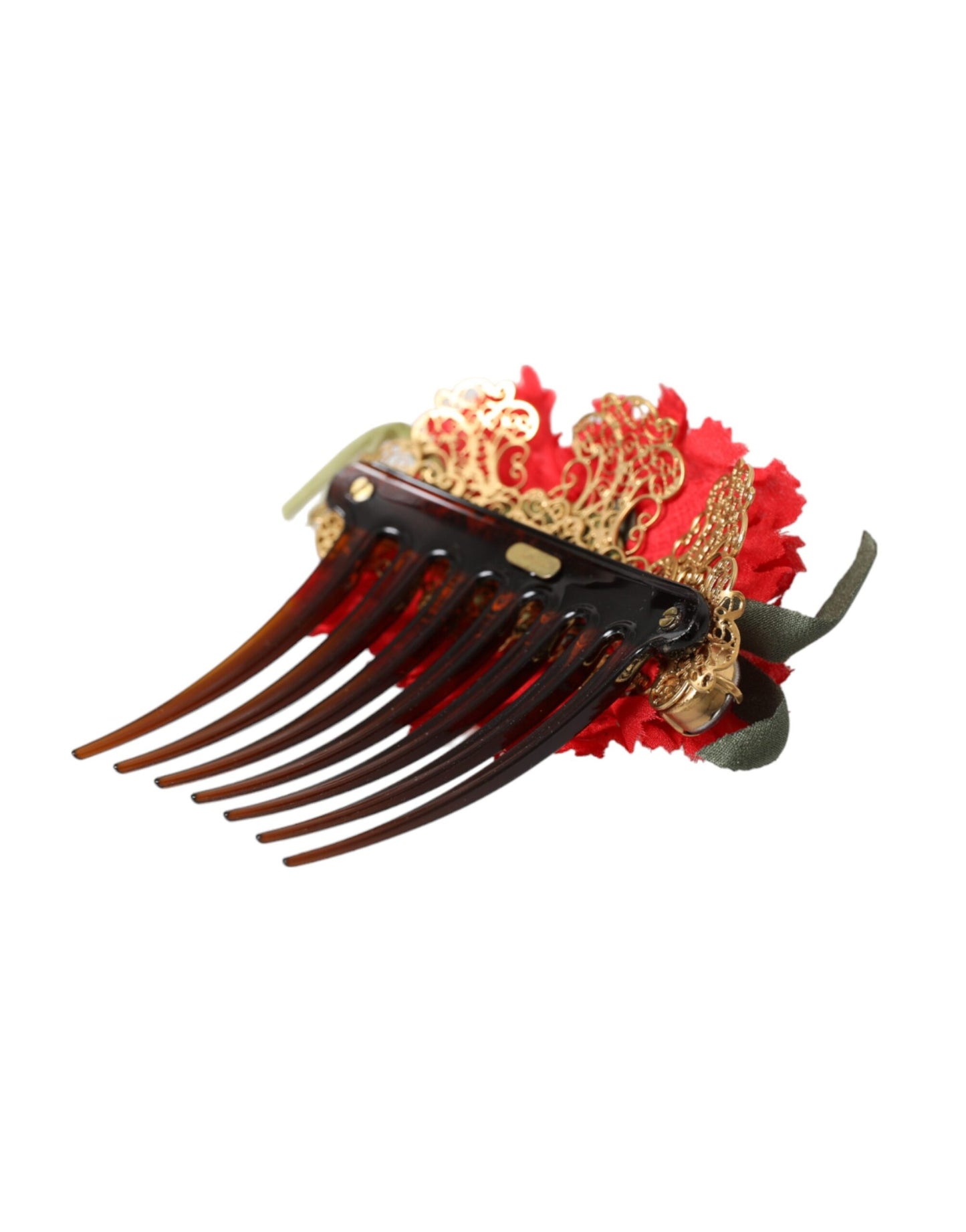Red Silk Floral Gold Brass Women Hair Comb-Dolce & Gabbana-LabelTerrace.com