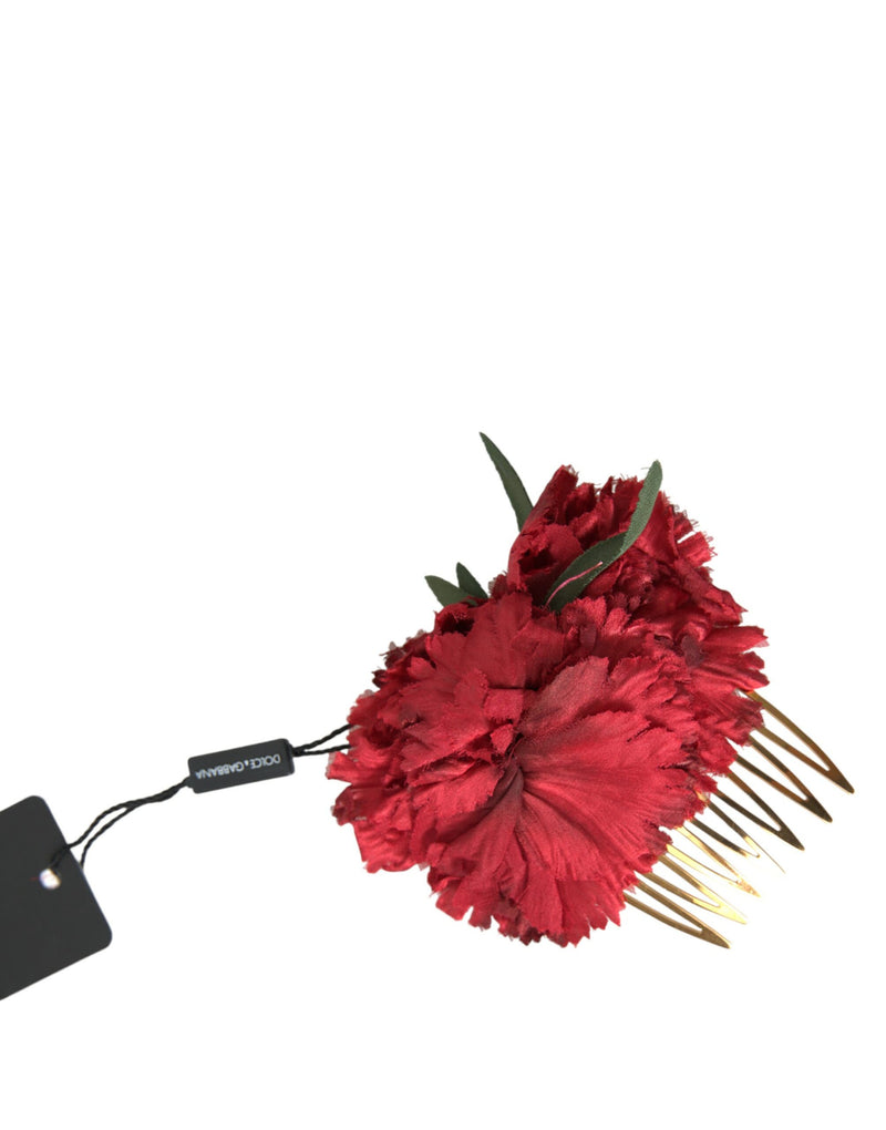 Red Silk Floral Gold Brass Women Hair Comb-Dolce & Gabbana-LabelTerrace.com