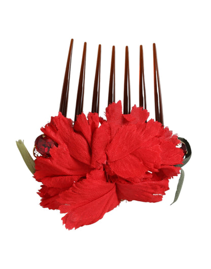 Red Silk Floral Gold Brass Women Hair Comb-Dolce & Gabbana-LabelTerrace.com