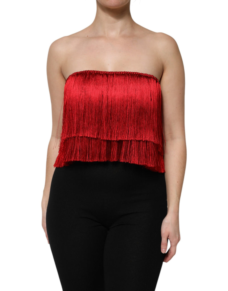 Red Silk Strapless Fringe Crop Tube Top-Dolce & Gabbana-LabelTerrace.com