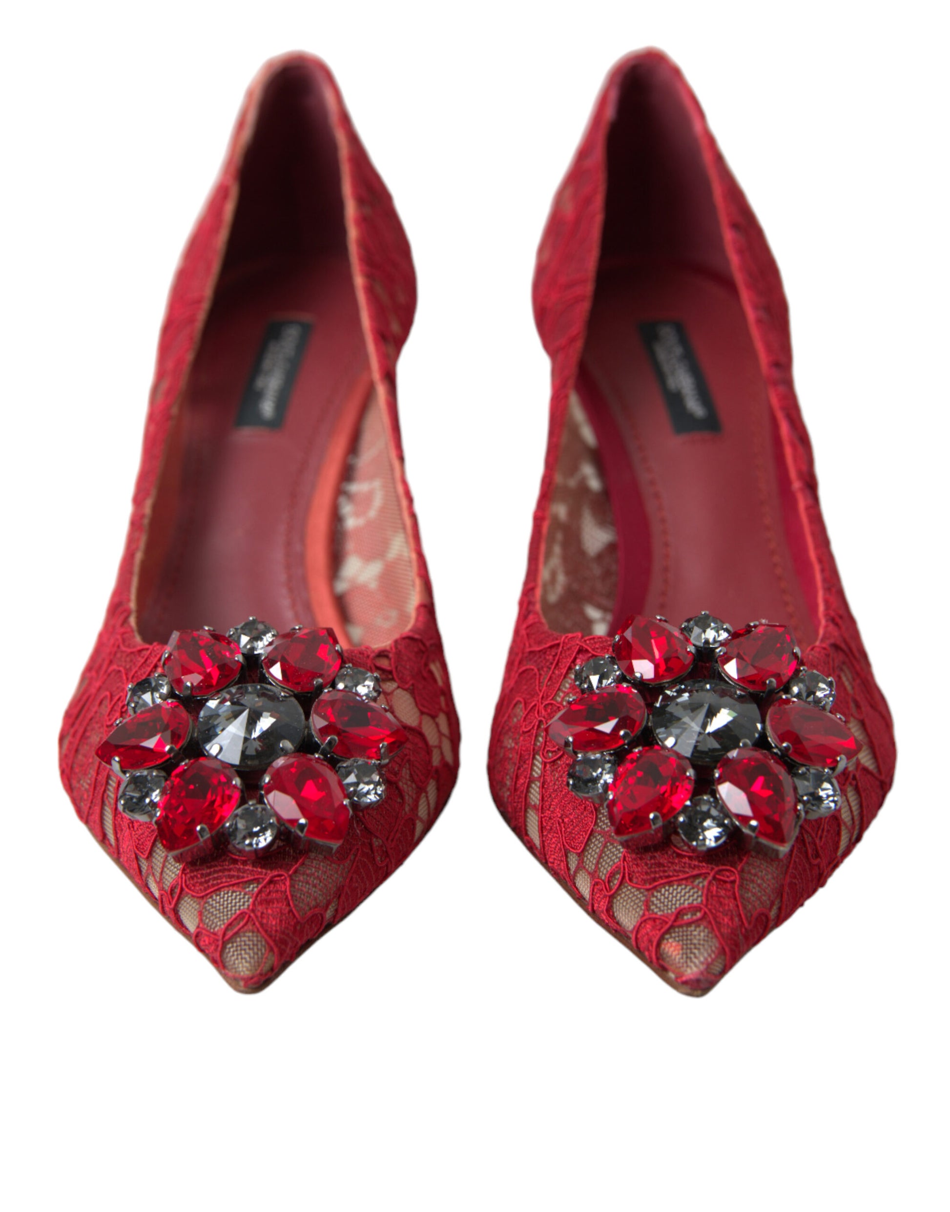 Red Taormina Lace Crystal Heels Pumps Shoes-Dolce & Gabbana-LabelTerrace.com