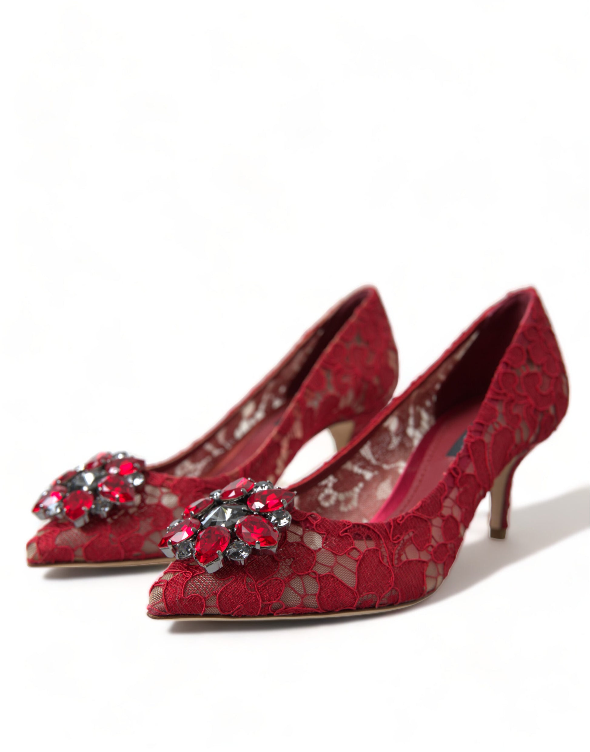 Red Taormina Lace Crystal Heels Pumps Shoes-Dolce & Gabbana-LabelTerrace.com