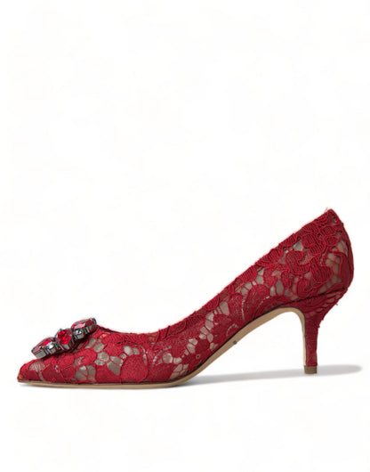 Red Taormina Lace Crystal Heels Pumps Shoes-Dolce & Gabbana-LabelTerrace.com