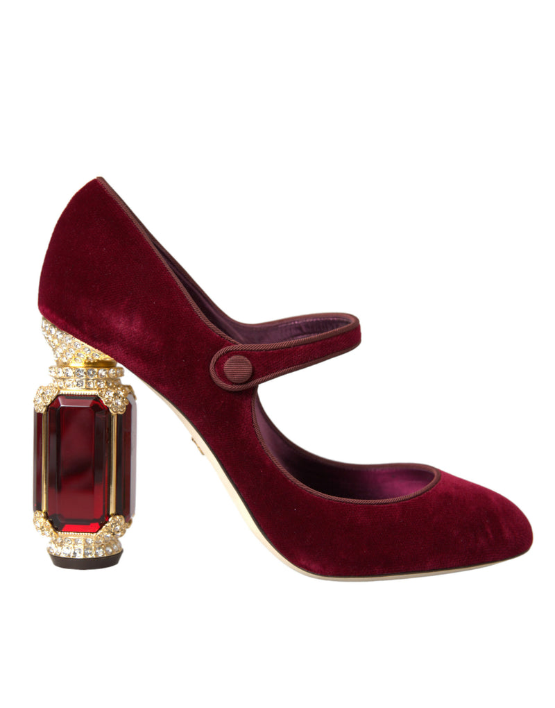 Red Velvet Gold Crystals Heels Mary Jane Shoes-Dolce & Gabbana-LabelTerrace.com