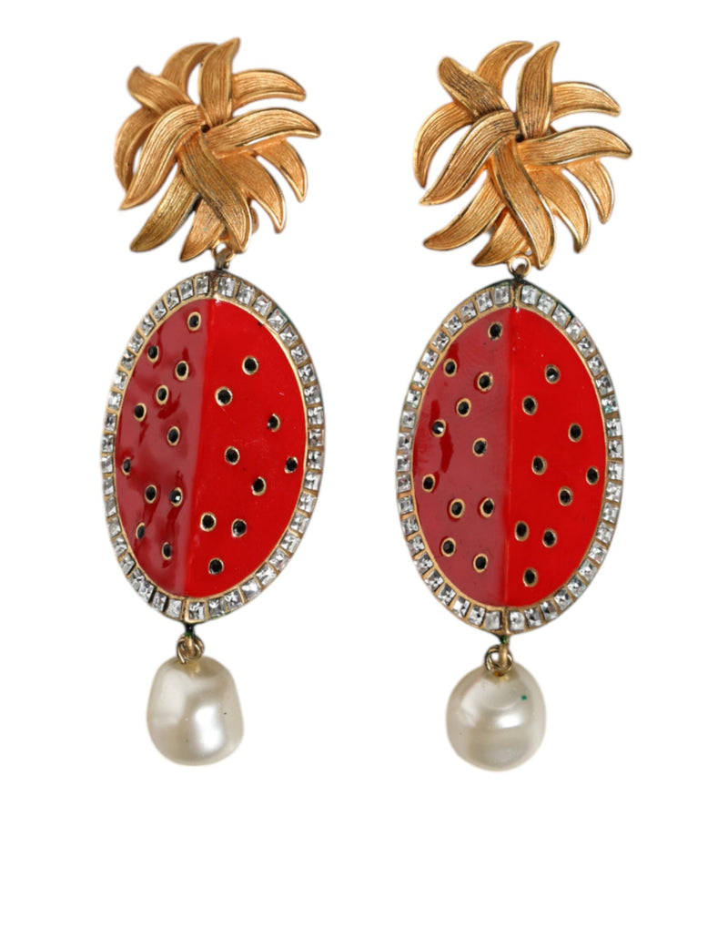 Red Watermelon Gold Brass Crystal Clip Dangling Earrings-Dolce & Gabbana-LabelTerrace.com