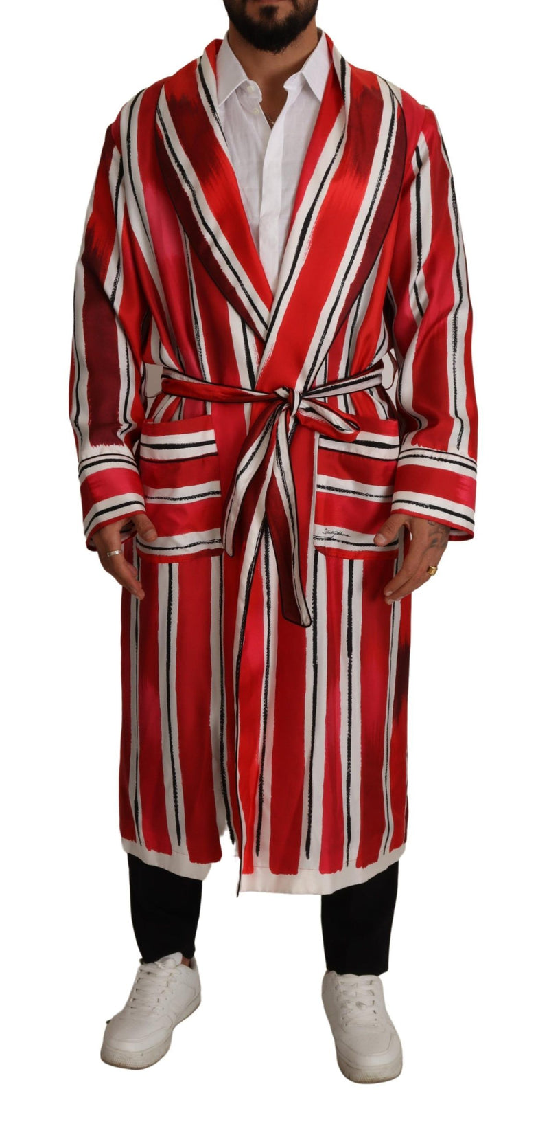 Red White Striped Silk Mens Night Gown Robe-Dolce & Gabbana-LabelTerrace.com