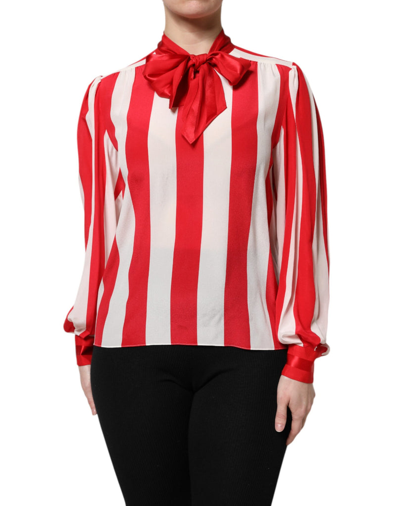 Red White Stripes Ascot Collar Blouse Top-Dolce & Gabbana-LabelTerrace.com