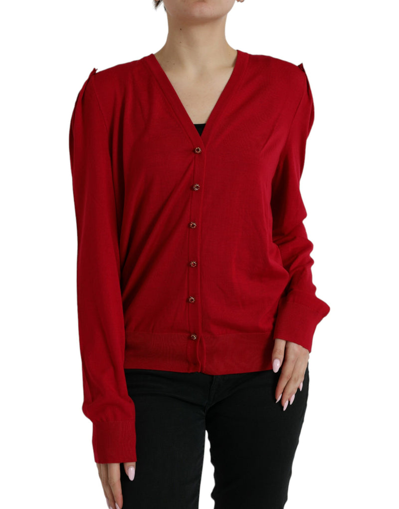 Red Wool V-neck Buttoned Cardigan Sweater-Dolce & Gabbana-LabelTerrace.com