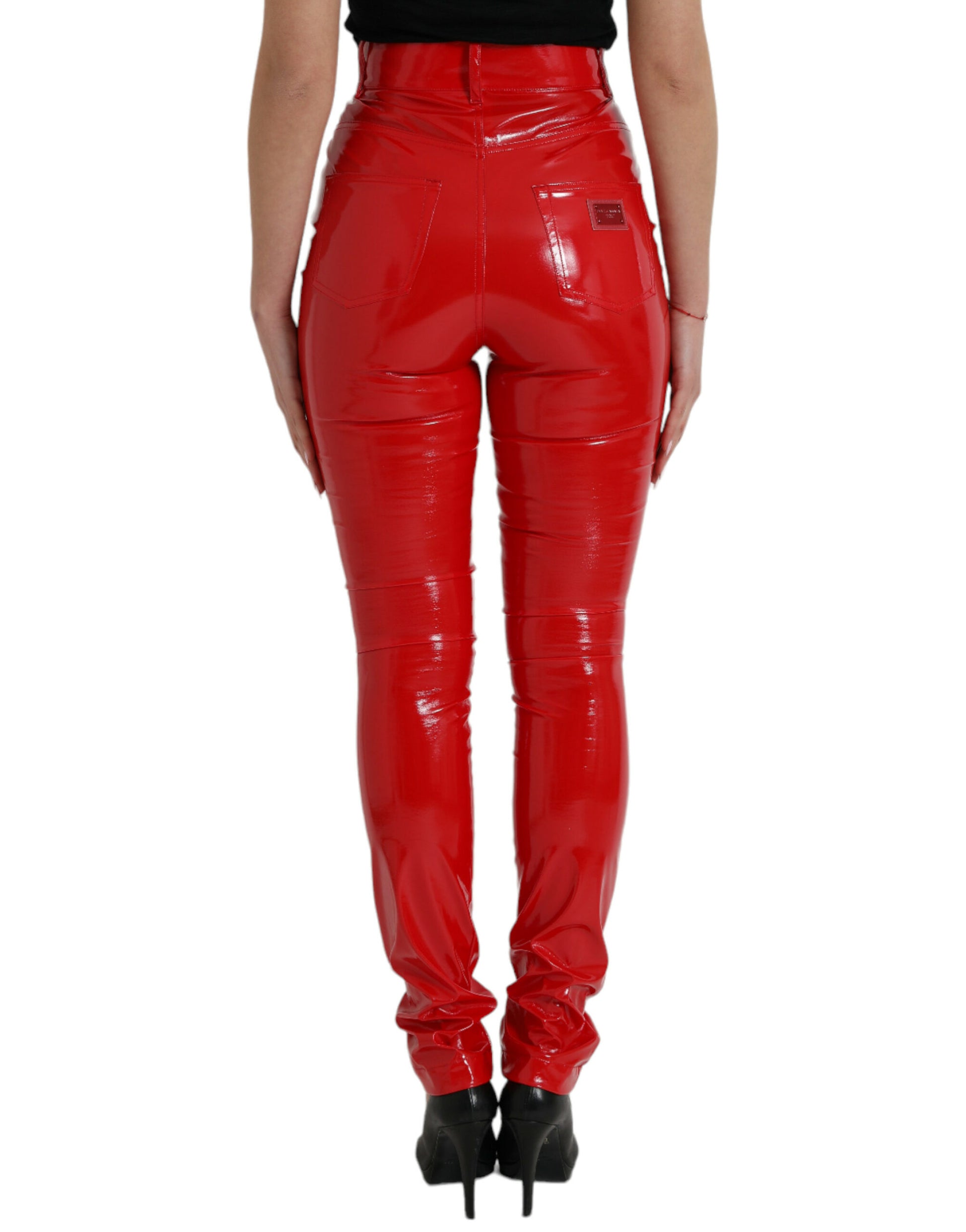 Shiny Red High Waist Skinny Pants-Dolce & Gabbana-LabelTerrace.com
