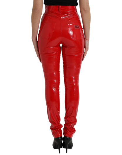 Shiny Red High Waist Skinny Pants-Dolce & Gabbana-LabelTerrace.com