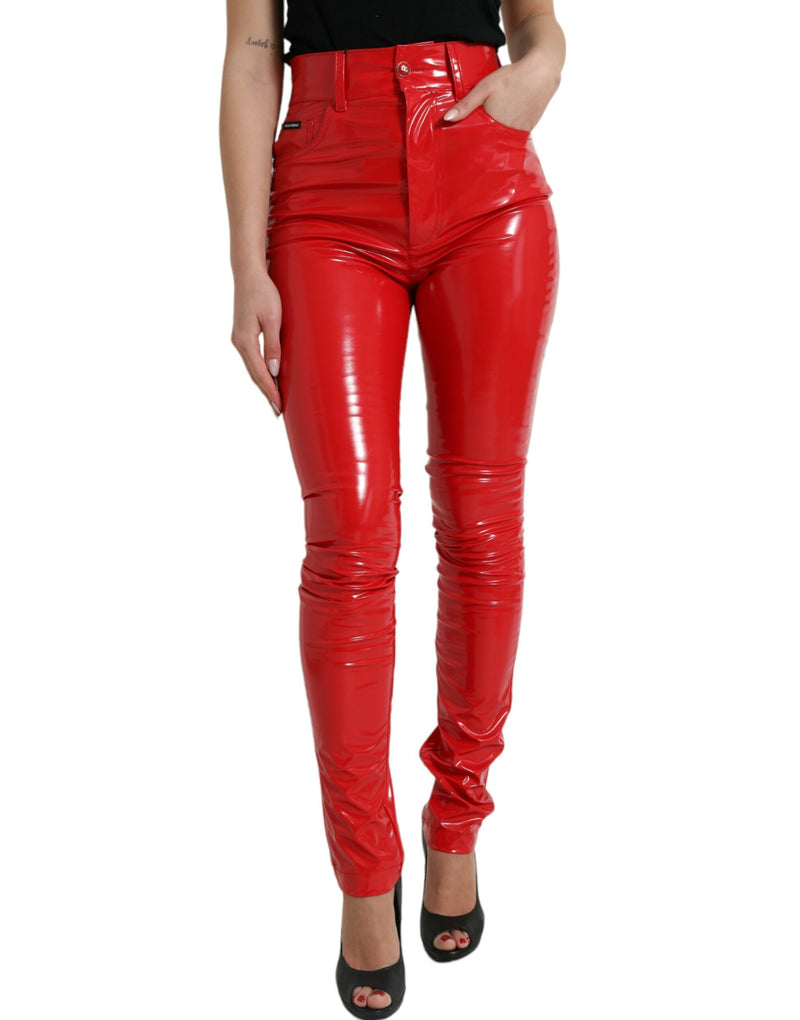 Shiny Red High Waist Skinny Pants-Dolce & Gabbana-LabelTerrace.com