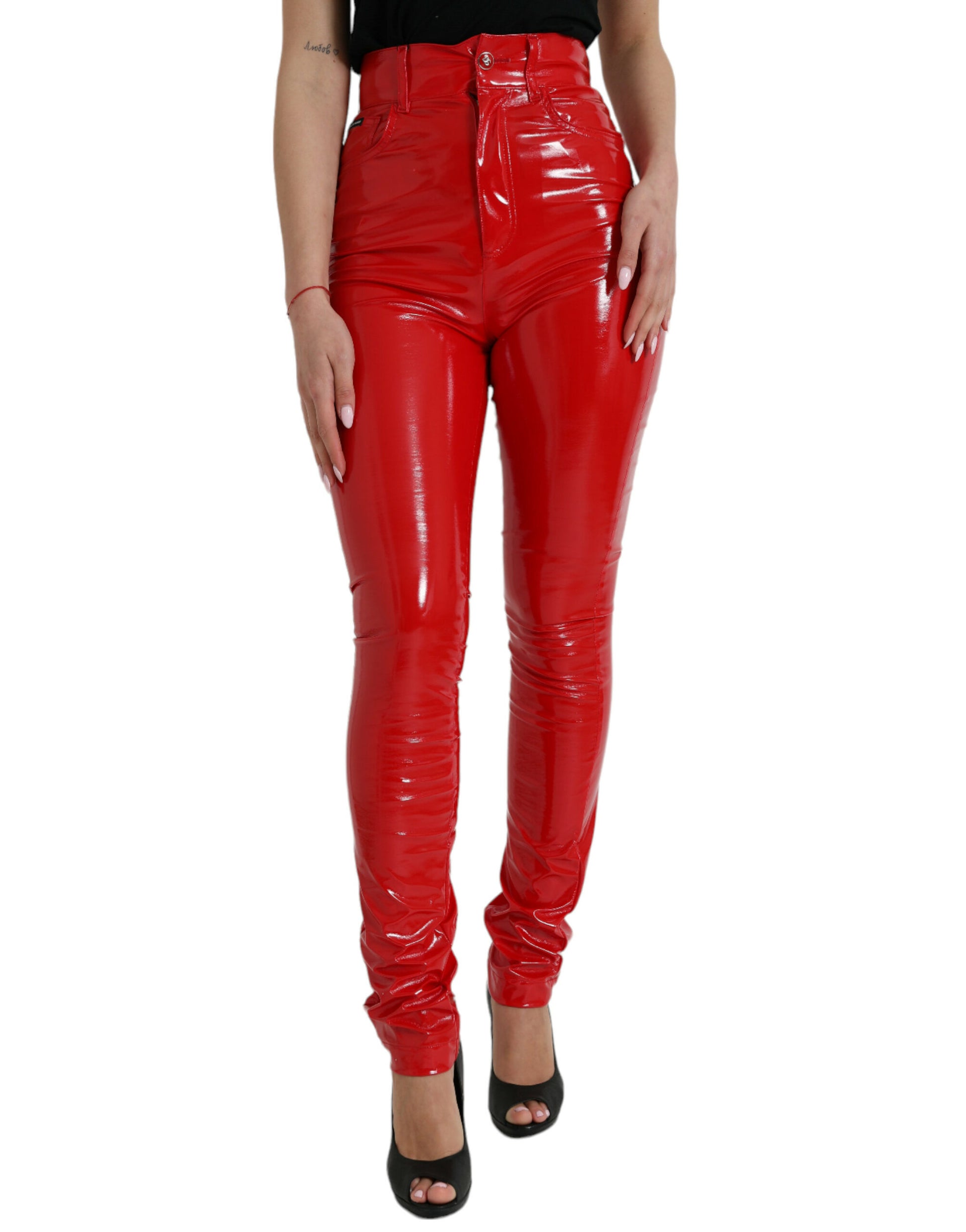 Shiny Red High Waist Skinny Pants-Dolce & Gabbana-LabelTerrace.com