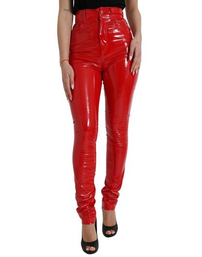 Shiny Red High Waist Skinny Pants-Dolce & Gabbana-LabelTerrace.com