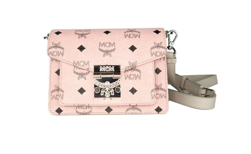 Signature Soft Pink Diamond Logo Leather Mini Flap Lock Crossbody Handbag-MCM-LabelTerrace.com