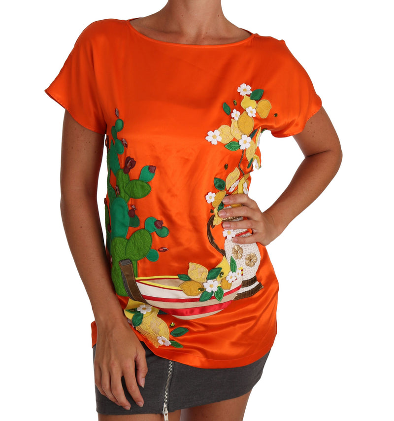 Silk Orange Lemon Crystal T-shirt Top-Dolce & Gabbana-LabelTerrace.com