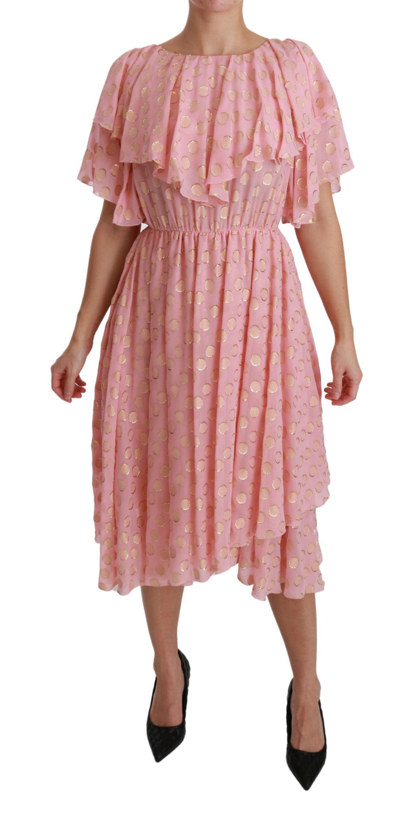 Silk Pink Polka Dots Pleated A-line Midi Dress-Dolce & Gabbana-LabelTerrace.com