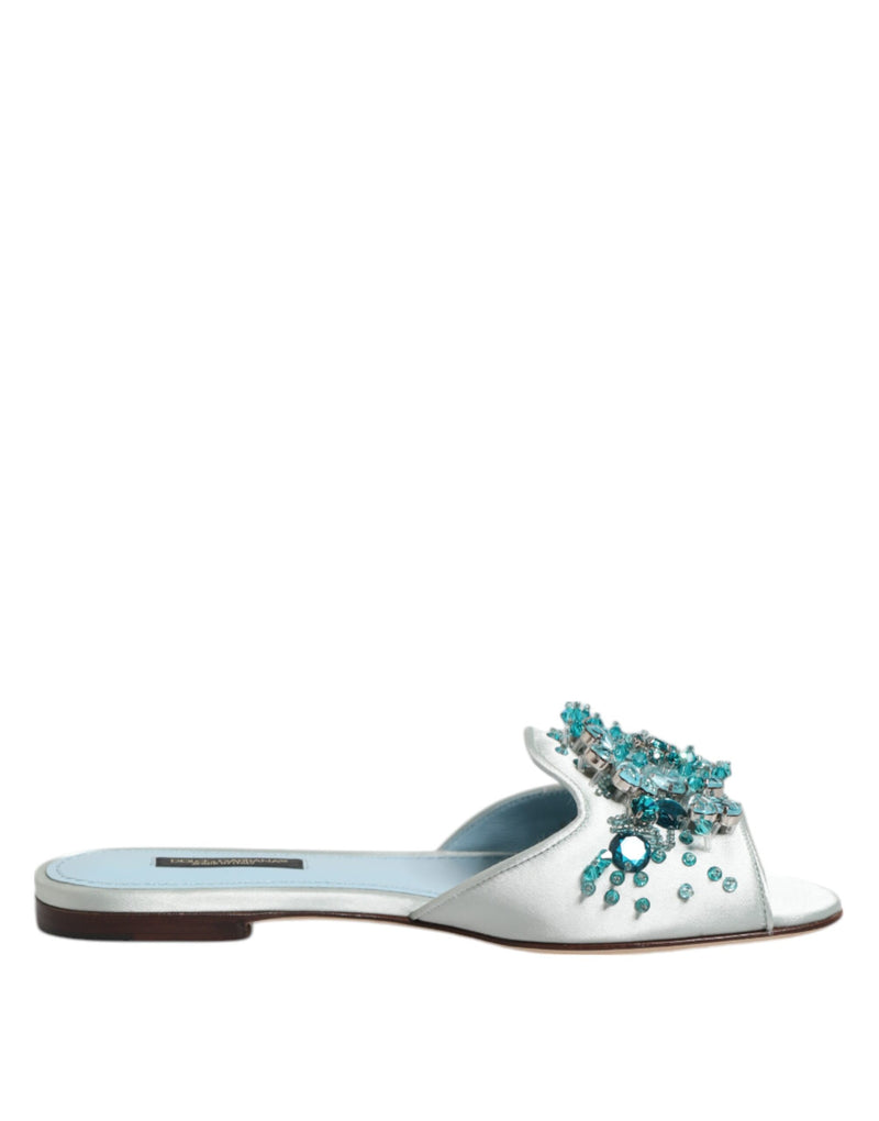 Silver Blue Leather Bead Embellish Slide Shoes-Dolce & Gabbana-LabelTerrace.com