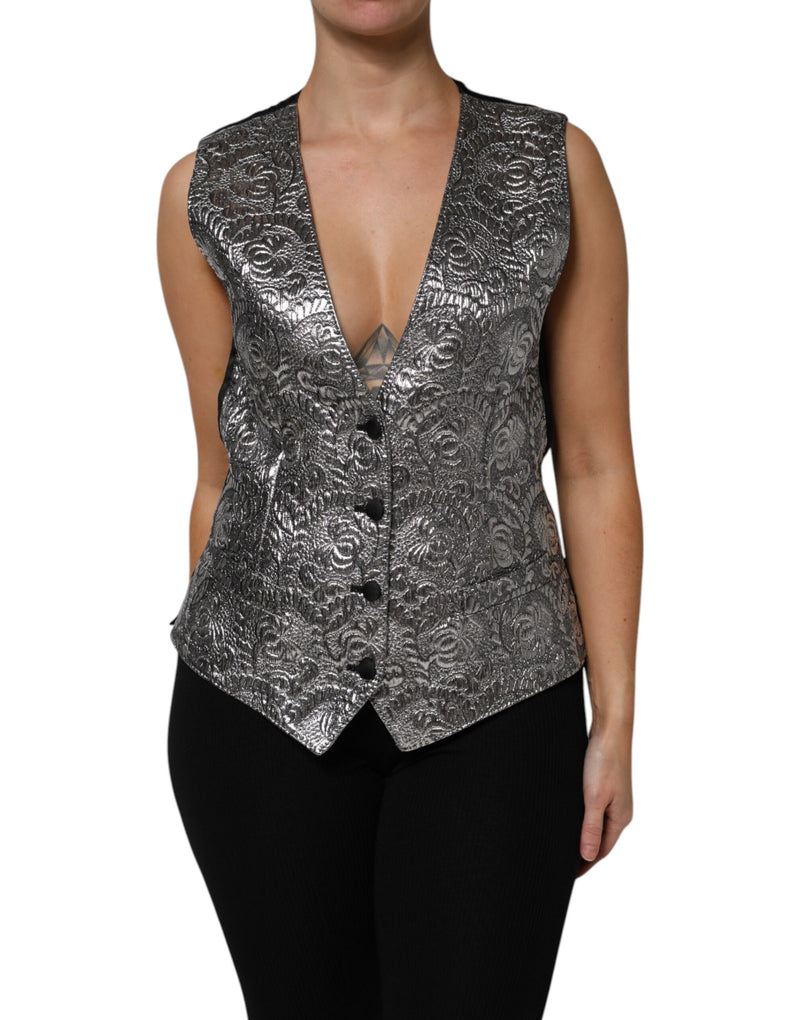 Silver Floral Jacquard Sleeveless Vest Top-Dolce & Gabbana-LabelTerrace.com