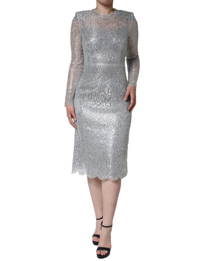 Silver Floral Lace Bodycon Sheath Midi Dress-Dolce & Gabbana-LabelTerrace.com