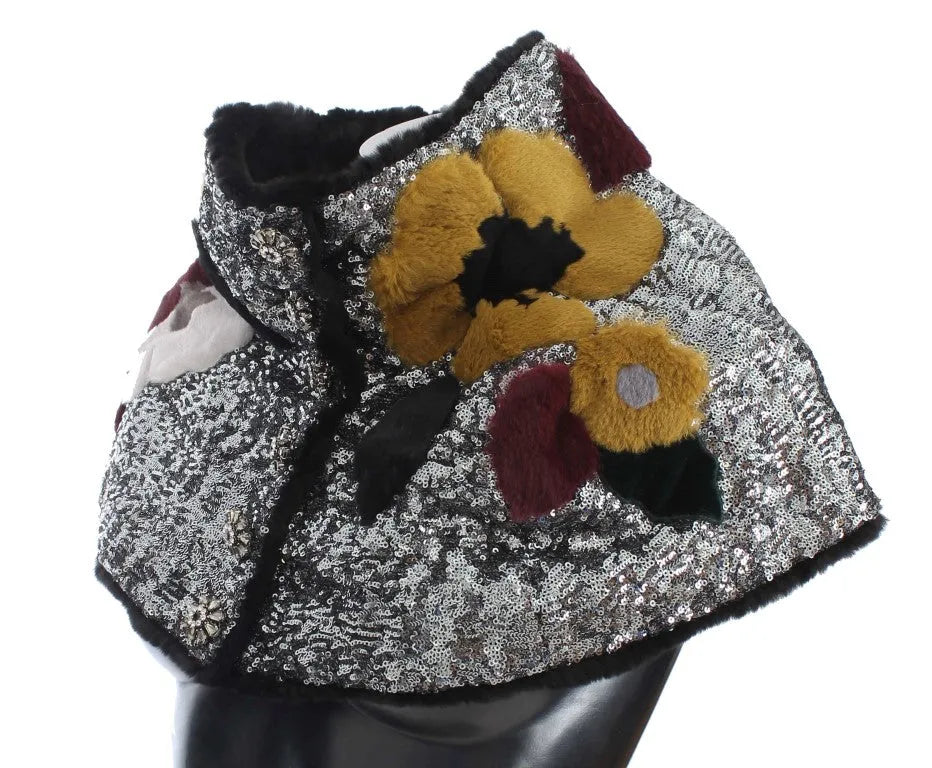 Silver Sequined Floral Weasel Fur Shoulder Scarf Wrap-Dolce & Gabbana-LabelTerrace.com