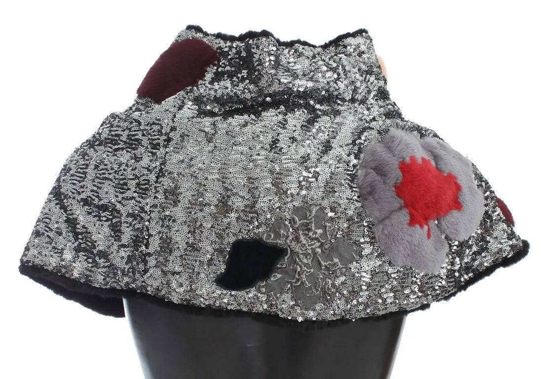 Silver Sequined Floral Weasel Fur Shoulder Scarf Wrap-Dolce & Gabbana-LabelTerrace.com