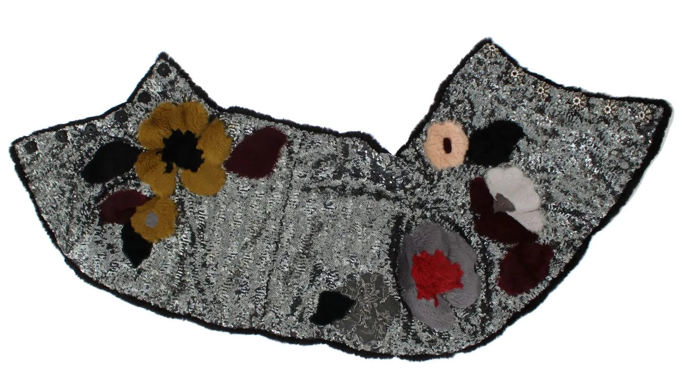 Silver Sequined Floral Weasel Fur Shoulder Scarf Wrap-Dolce & Gabbana-LabelTerrace.com