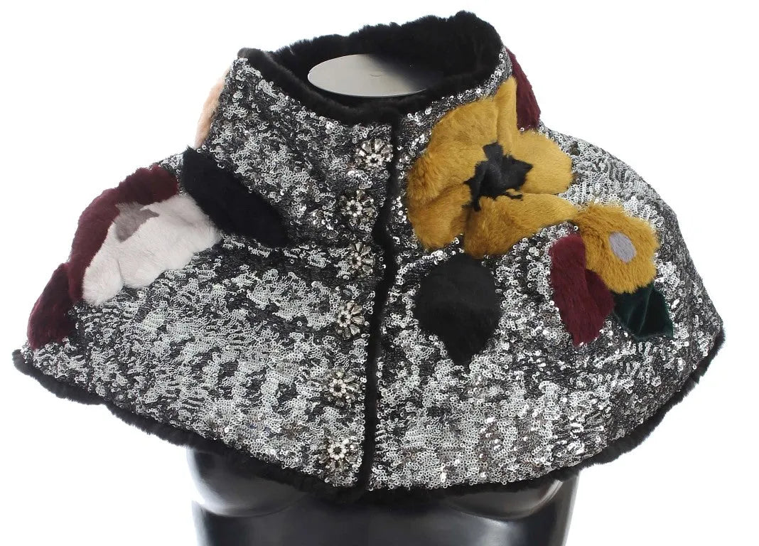 Silver Sequined Floral Weasel Fur Shoulder Scarf Wrap-Dolce & Gabbana-LabelTerrace.com
