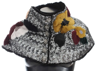 Silver Sequined Floral Weasel Fur Shoulder Scarf Wrap-Dolce & Gabbana-LabelTerrace.com