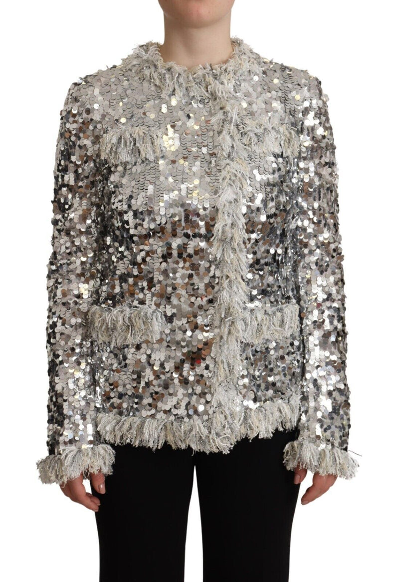 Silver Sequined Shearling Long Sleeves Jacket-Dolce & Gabbana-LabelTerrace.com
