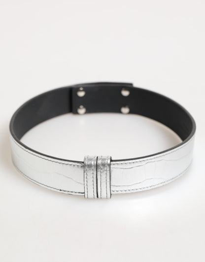 Silver Textured Leather Gold Tone Metal Neckband