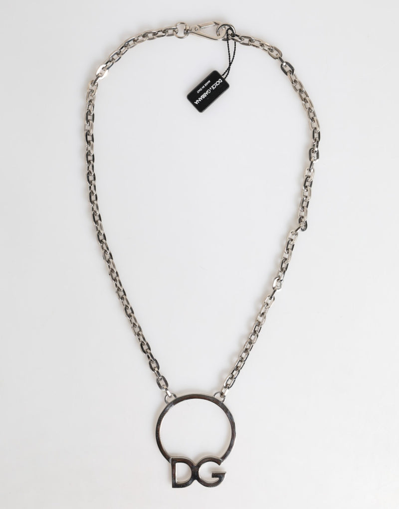 Silver Tone Brass Chain DG Logo Pendant Men Necklace-Dolce & Gabbana-LabelTerrace.com