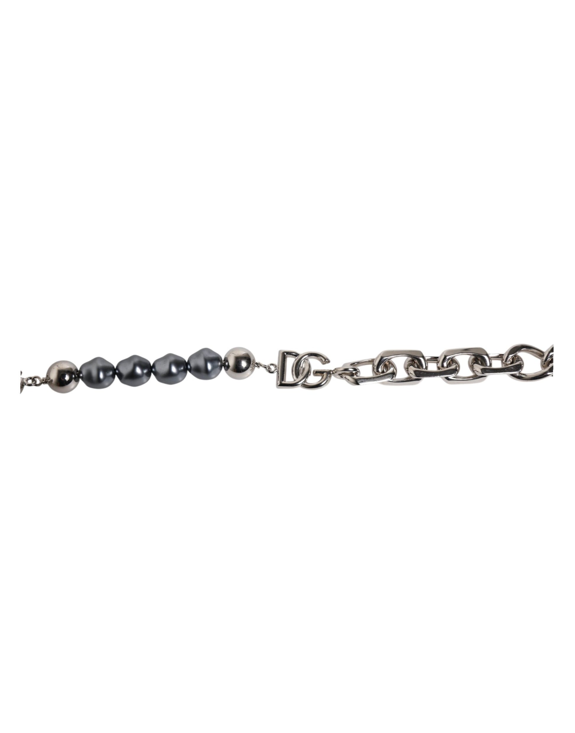 Silver Tone Chain Lobster Clasp Logo Gray Pearls Bracelet-Dolce & Gabbana-LabelTerrace.com
