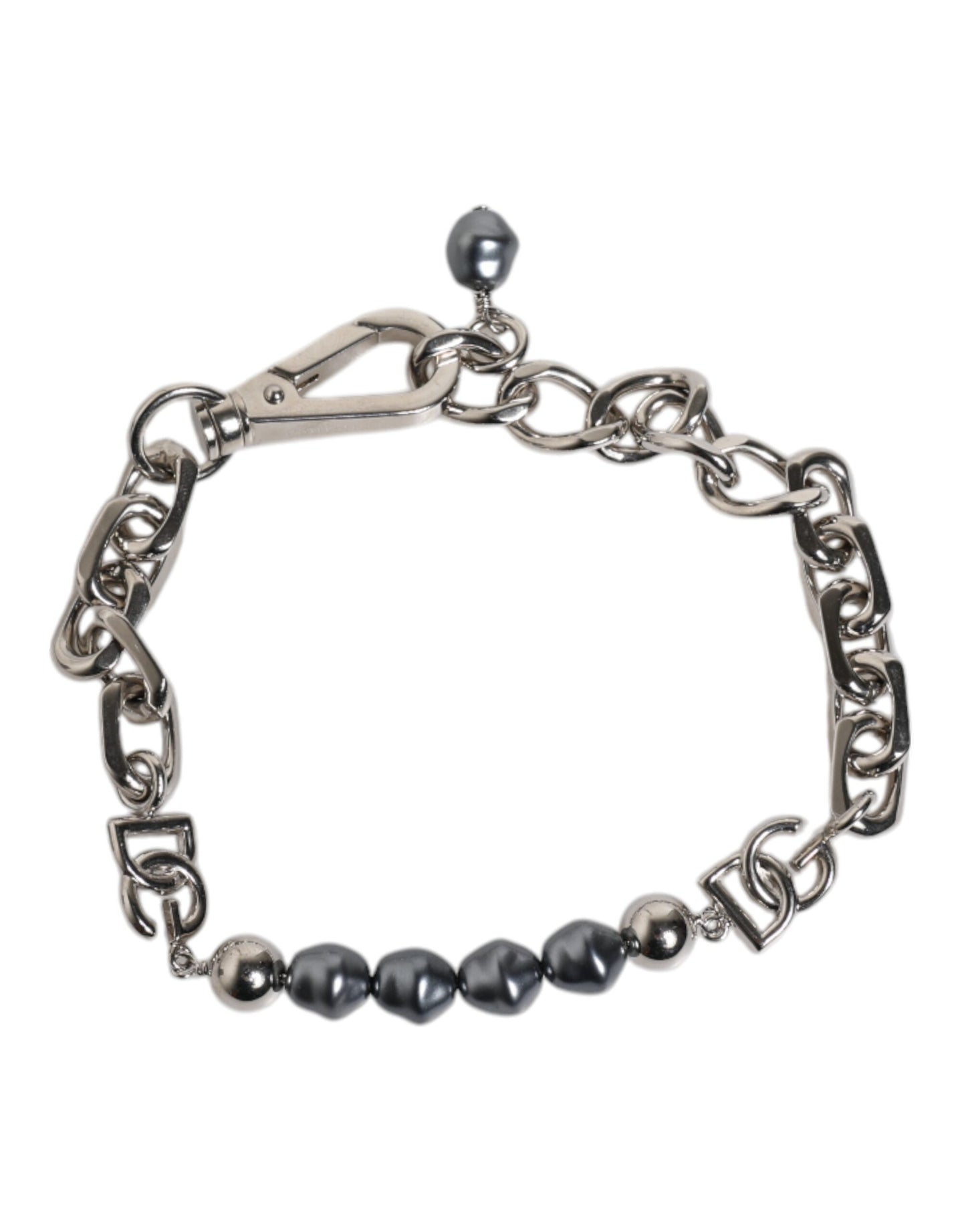Silver Tone Chain Lobster Clasp Logo Gray Pearls Bracelet-Dolce & Gabbana-LabelTerrace.com