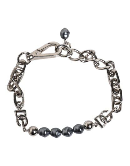 Silver Tone Chain Lobster Clasp Logo Gray Pearls Bracelet-Dolce & Gabbana-LabelTerrace.com
