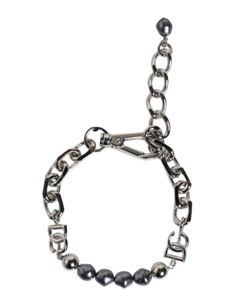 Silver Tone Chain Lobster Clasp Logo Gray Pearls Bracelet-Dolce & Gabbana-LabelTerrace.com