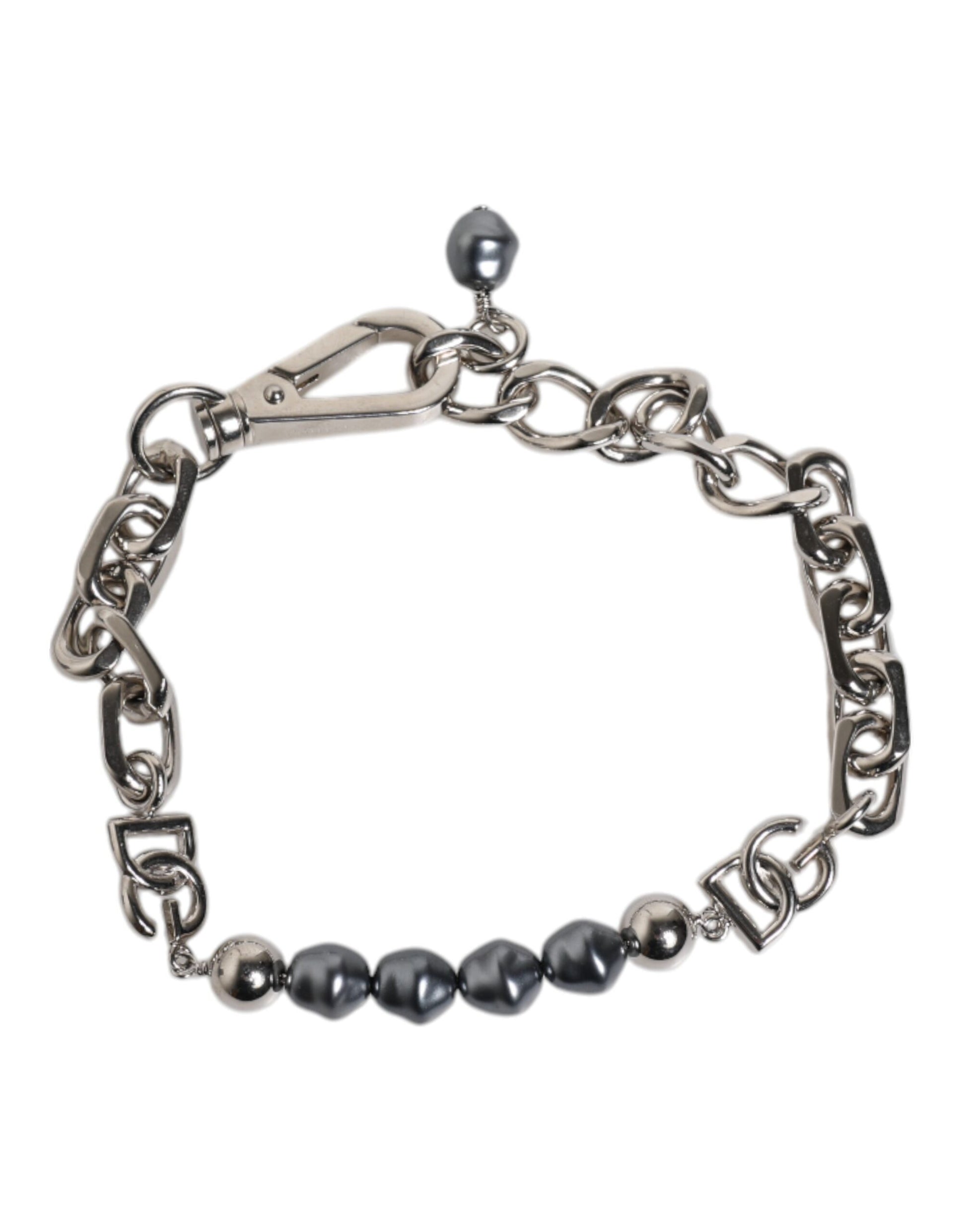 Silver Tone Chain Lobster Clasp Logo Gray Pearls Bracelet-Dolce & Gabbana-LabelTerrace.com